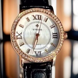 Gorgeous Vintage Style crystal black leather watch.